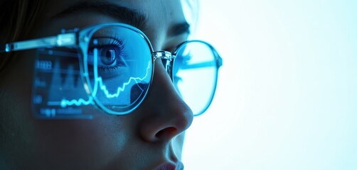Young woman wears glasses showing holographic charts. Future tech displays financial data on smart lenses. Eye observes digital info overlay. Future vision, ar interface.