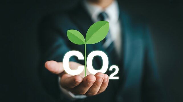 Businessman holding a small green plant growing out of the letters co2 symbol, representing carbon neutrality, environmental protection, and sustainable business concept