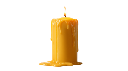 A yellow candle with a bright flame isolated on a white background, shown as a transparent png style image with warm glowing details.
