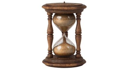 A sand hourglass isolated on a white background, shown as a transparent png style image with flowing sand and classic glass design.