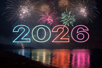 A vibrant neon typography 2026 with fire works , illustration art 