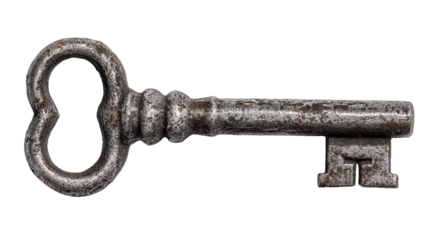 An old metal key isolated on a white background, shown in a transparent png style with rustic antique texture and classic vintage detailing.