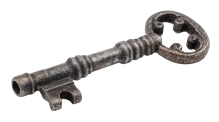 An old metal key isolated on a white background, shown in a transparent png style with rustic antique texture and classic vintage detailing.