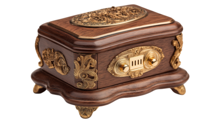 A wooden vintage old box isolated on a white background, appearing as a transparent png style image with rustic aged wooden details.
