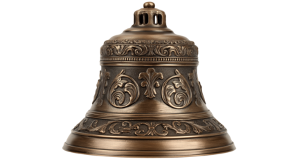 An old bronze metal church bell isolated on a white background, shown in a transparent png style with classic aged rustic detailing.
