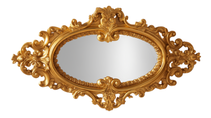 An antique gold frame mirror isolated on a white background, presented in a transparent png style with ornate vintage decorative detailing.