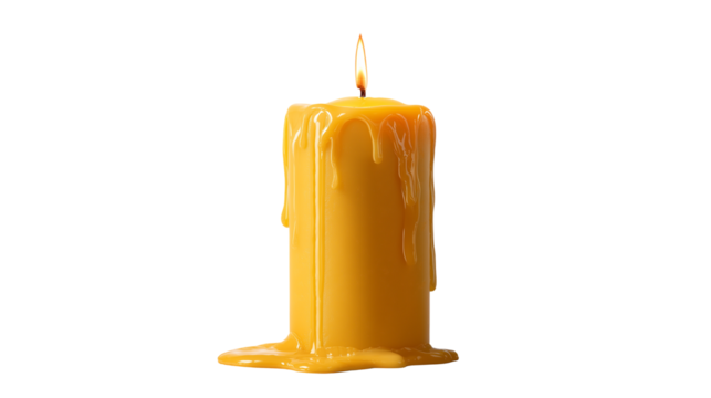 A yellow candle with a bright flame isolated on a white background, shown as a transparent png style image with warm glowing details.