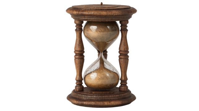 A sand hourglass isolated on a white background, shown as a transparent png style image with flowing sand and classic glass design.