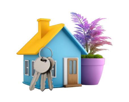 Colorful 3D model of a house with keys and plant