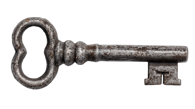 An old metal key isolated on a white background, shown in a transparent png style with rustic antique texture and classic vintage detailing.