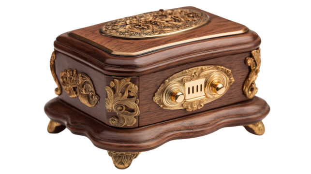 A wooden vintage old box isolated on a white background, appearing as a transparent png style image with rustic aged wooden details.