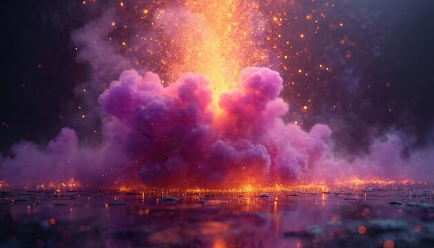 Fiery orange and purple clouds with glowing sparks erupt on dark wet ground with reflections. Abstract explosion of color with light particles, mystical energy burst.