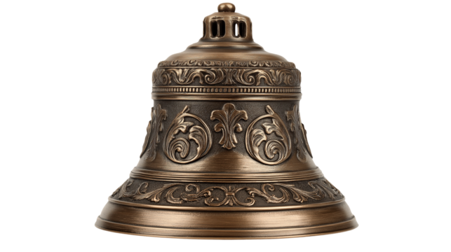 An old bronze metal church bell isolated on a white background, shown in a transparent png style with classic aged rustic detailing.