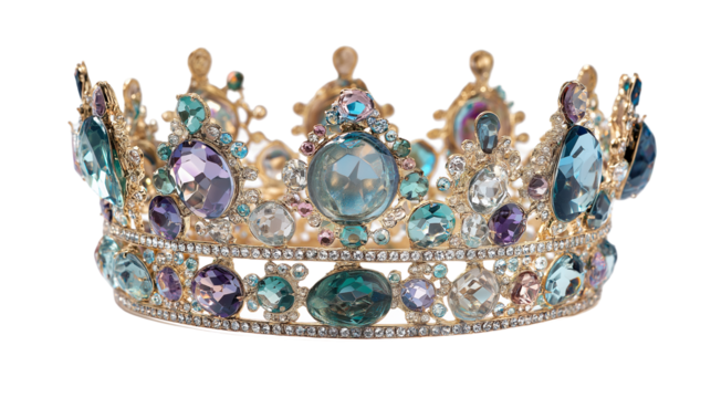 A gold princess crown with turquoise gemstones isolated on a white background, shown in a transparent png style with elegant royal detailing.