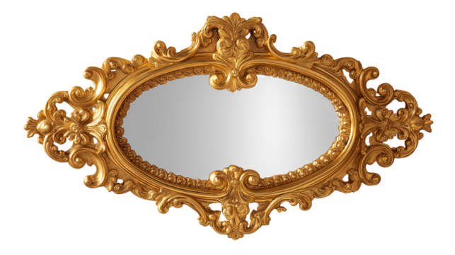An antique gold frame mirror isolated on a white background, presented in a transparent png style with ornate vintage decorative detailing.