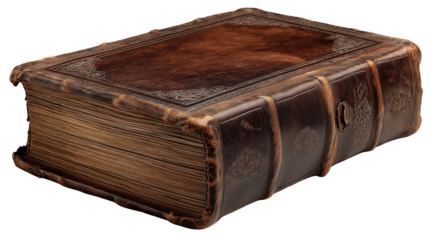 An old brown-cover book isolated on a white background, appearing like a transparent png image with aged pages and vintage worn details.