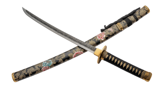 A traditional Japanese sword isolated on a white background, shown in a transparent png style with detailed steel blade and ornate handle.