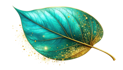 A vibrant, detailed illustration of a single leaf, displaying a gradient of turquoise and gold, set against a black backdrop
