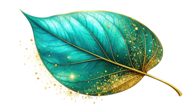 A vibrant, detailed illustration of a single leaf, displaying a gradient of turquoise and gold, set against a black backdrop