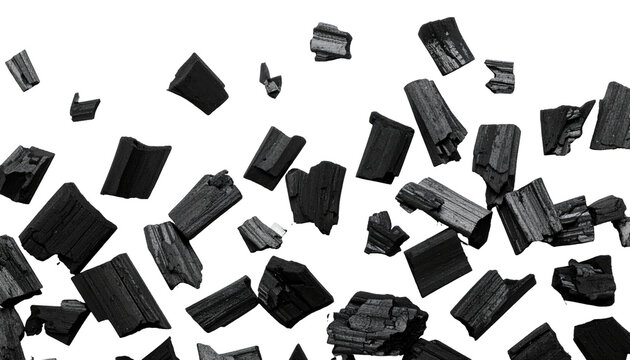 Black, charred wood pieces in various sizes are scattered against a pure black background, creating an image of abstract floating forms