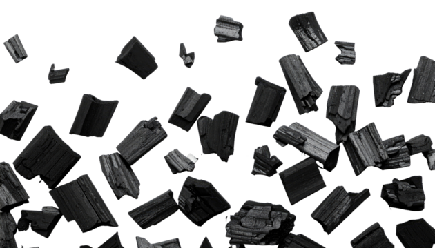 Black, charred wood pieces in various sizes are scattered against a pure black background, creating an image of abstract floating forms