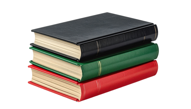 A stack of three hardcover books of different colors, arranged one on top of another. They are isolated on a black background - Powered by Adobe