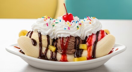 Delicious banana split with whipped cream and cherry topping