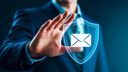 Businessman hand gesture protecting email security with glowing shield icon representing secure communication, data privacy, and antispam concept in dark blue