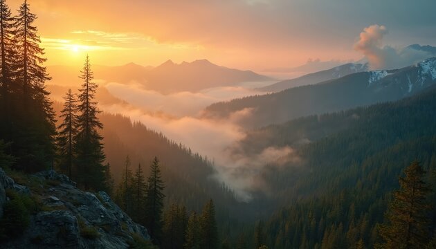 Golden sun illuminates vast mountain forest valley. Misty clouds drift through deep green pine tree slopes with dense foliage. Distant rugged peaks majestically pierce clear morning sky. Peaceful