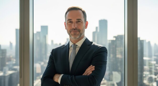 Confident mature caucasian male executive in business suit overlooking cityscape