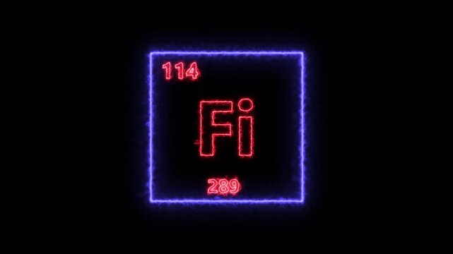 Flerovium - periodic table element symbol hologram, chemical element Periodic Table, atomic weight element number ,glowing on black background in 4K.
