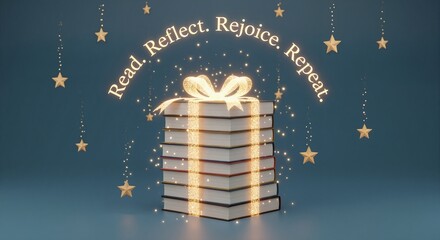 Gift of knowledge with stack of books wrapped in glowing ribbon. Inspirational quote about reading for personal growth. Holiday and Christmas celebration