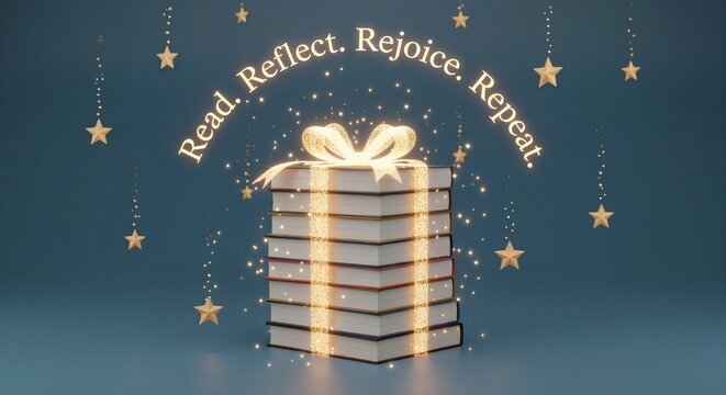 Gift of knowledge with stack of books wrapped in glowing ribbon. Inspirational quote about reading for personal growth. Holiday and Christmas celebration