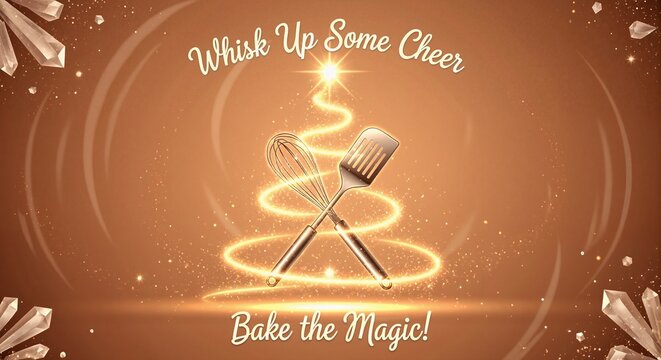 Holiday baking and cooking concept with kitchen utensils. A whisk and spatula form a magical Christmas tree with golden light and sparkles. Festive culinary greeting