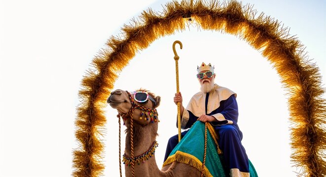 Funny man in three kings costume riding camel with sunglasses. Modern wise man at Christmas parade. Humorous Epiphany celebration with copy space