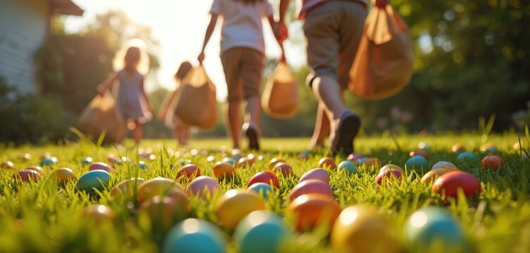 Children collect colorful easter eggs scattered on green grass in a sunlit garden. Kids carry bags, searching for holiday treats. Fun spring activity, family tradition, pure childhood joy.