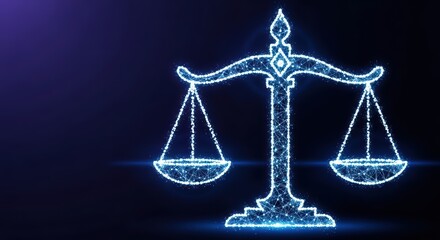 Digital neon scales of justice: symbol of law and balance in futuristic design