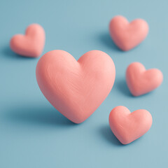 Fototapeta premium Five pink hearts on blue background. 3D hearts made of pink plasticine. Applicable for flyers, posters, banners and business cards 
