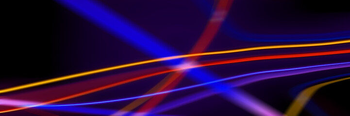 A bright and energetic background with intersecting orange and purple light trails. A dynamic and modern abstract composition on a dark background.