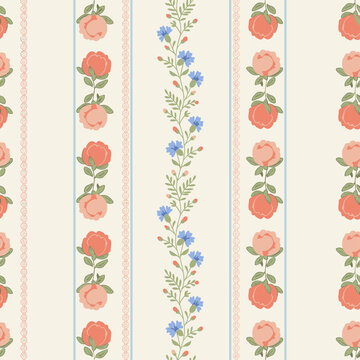 Vintage Floral Stripe Seamless Pattern Vector SVG - Folk Art Peony and Cornflower, Pastel Coral, Periwinkle, Cream