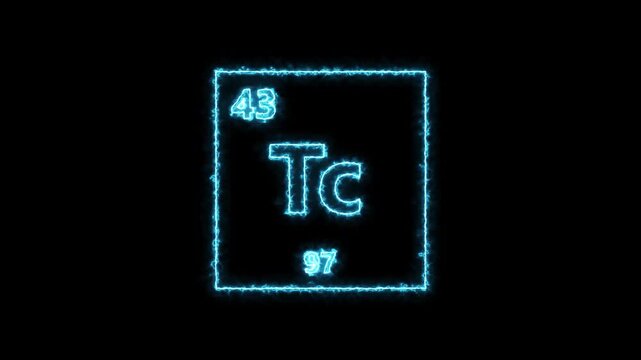 Technetium - periodic table element symbol hologram, chemical element Periodic Table, atomic weight element number ,glowing on black background in 4K.