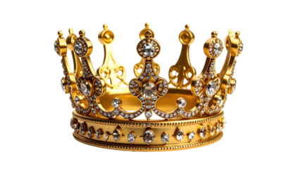 A close-up view of an ornate, gold crown, shimmering with embedded clear gemstones, set against a transparent backdrop