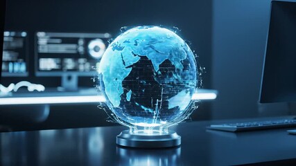 Holographic global network display rotating on a modern dark desk in a futuristic office environment for global data connectivity concept and digital transformation - Powered by Adobe