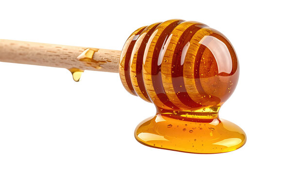 Close-up of a wooden honey dipper dripping golden syrup onto a pool with a dark, transparent background