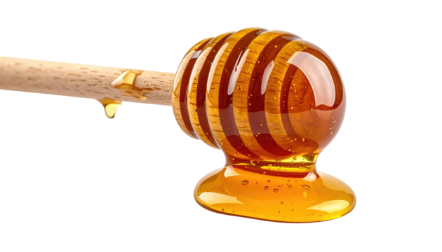 Close-up of a wooden honey dipper dripping golden syrup onto a pool with a dark, transparent background