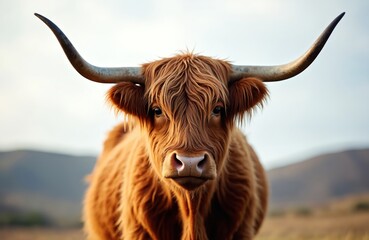 Hairy Highland cow portrait close up. Horned brown cattle with shaggy hair on head stands outdoors in green field. Cute farm animal on vast rural pasture with hills. Rustic mammal looks directly at