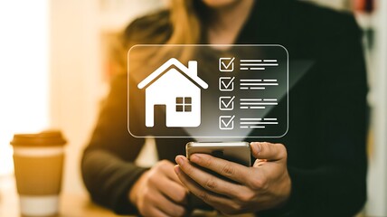 Woman using smartphone with holographic interface showing house icon and checklist, symbolizing real estate application, home buying process, or property management task completion