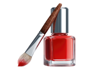 A vibrant red nail polish bottle with a silver cap and a matching brush, artfully arranged on a dark backdrop