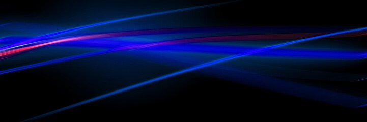 A minimalist abstract background with a soft, blurred streak of blue neon light on a dark background. A simple and elegant concept of motion and speed.