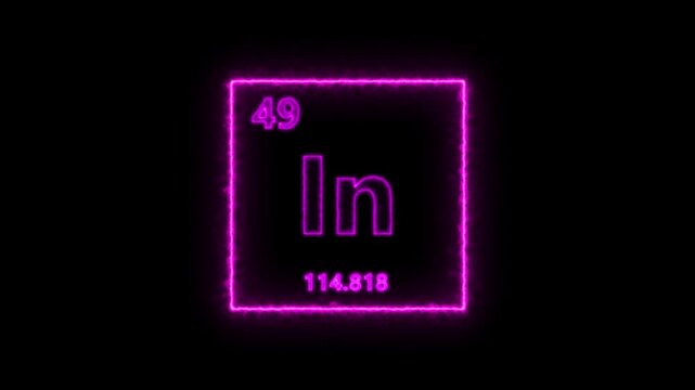 Indium - periodic table element symbol hologram, chemical element Periodic Table, atomic weight element number ,glowing on black background in 4K